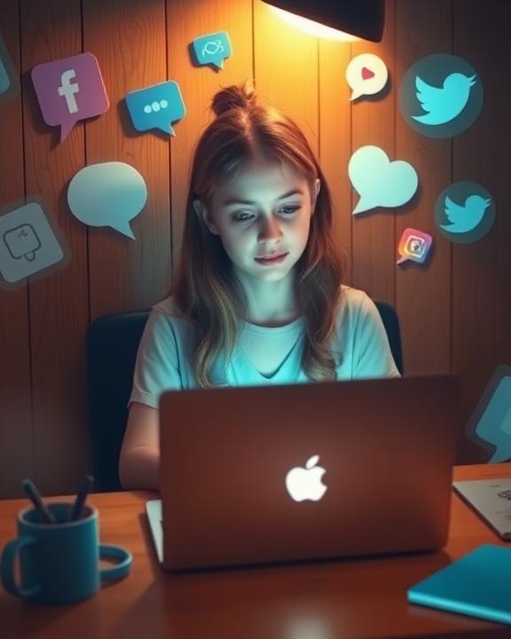 A young girl looking intently at a MacBook laptop, surrounded by speech bubble icons representing various social media platforms like Facebook, Instagram, and Twitter.