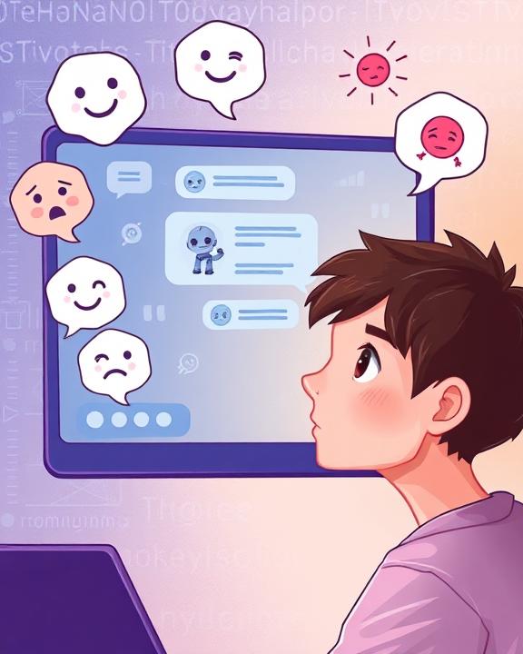 A young boy is looking up at a screen displaying a chatbot interface with various emoji speech bubbles above it, including happy, winking, and sad faces.