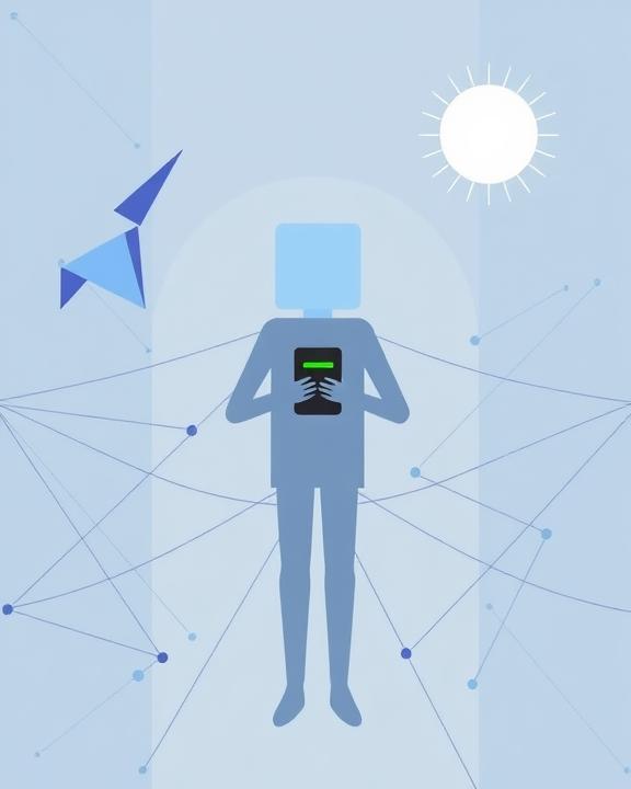 A depiction of a person, possibly a digital avatar, standing with a smartphone in their hands, connected by web-like lines to various points around them and in the background. A sun-like circle is in the top right corner.
