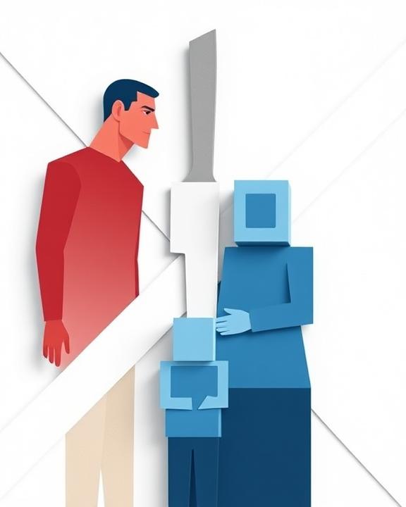 A dramatic scene depicting an urban apartment setting during the early morning, showcasing tension with a man brandishing a knife and a woman with her son showing protective urgency.