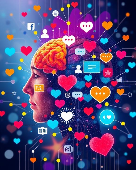 Rappresentazione grafica di un cervello connesso a simboli di social media e cuori, simboleggiando l'interazione tra mente e digitale