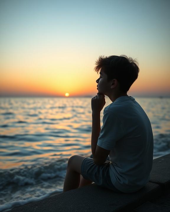 Adolescente pensieroso al tramonto
