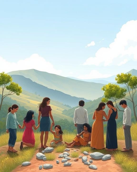 A serene landscape depicting a supportive community, with individuals helping each other in various ways, symbolizing resilience and recovery from trauma. The environment should appear peaceful and harmonious.
