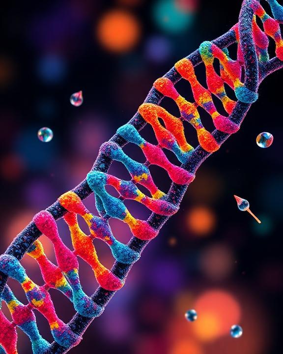 An artistic representation of a DNA strand with vibrant colors, symbolizing the concept of epigenetics and its connection to trauma and inheritance, surrounded by elements representing generational bonds.