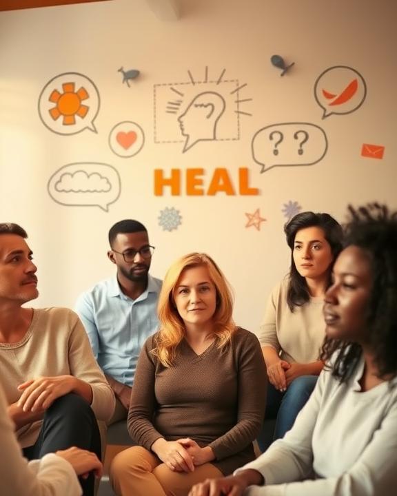 Gruppo di persone che partecipano a una sessione di terapia di gruppo con il messaggio HEAL al centro e icone a tema benessere