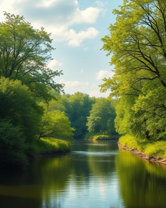Fiume sereno che scorre attraverso una foresta verde, simboleggiando la tranquillità e la resilienza della natura