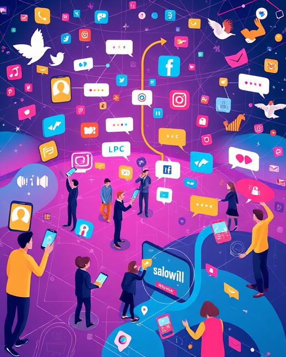 Rappresentazione del paesaggio digitale che mostra l'influenza dei social media sulla comunicazione
