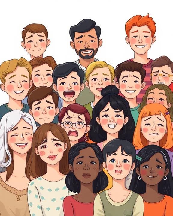 A close-up image showing a diverse group of people with various facial expressions, ranging from happy and smiling to anxious and surprised, highlighting the complexity of human emotions.