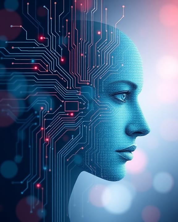A digital face of an unknown person with circuit board elements embedded.