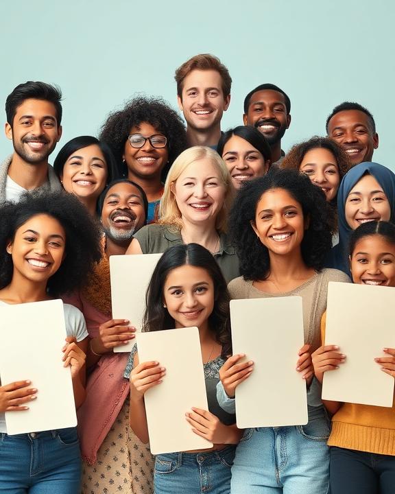 Gruppo di persone di diverse etnie e età sorridenti, tenendo gli specchi, simbolizzando l'accettazione di sé.