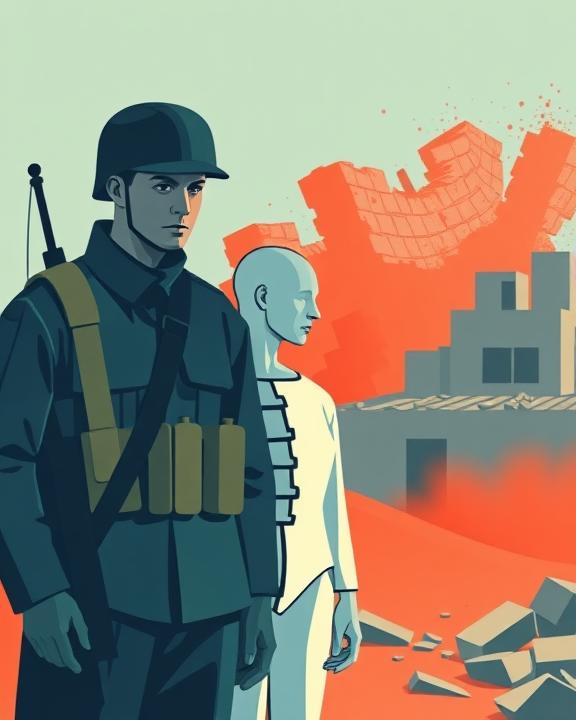 Soldato israeliano con accanto una figura in abiti civili e uno sfondo che raffigura edifici distrutti.