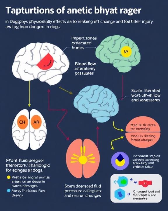 An educational illustration showing physiological effects of traumatic brain injury in dogs, with abstract shapes representing brain impact zones and pressure changes.