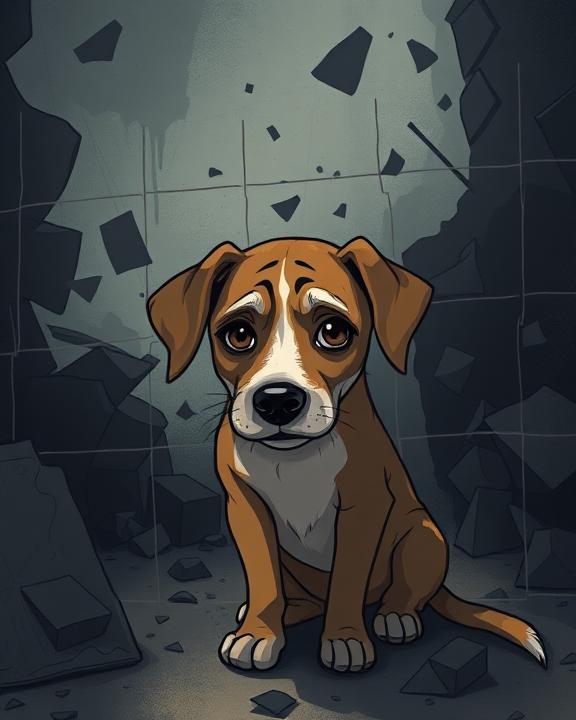 An illustrated scene depicting a distressed dog in a chaotic and dark setting, symbolizing past trauma and neglect.