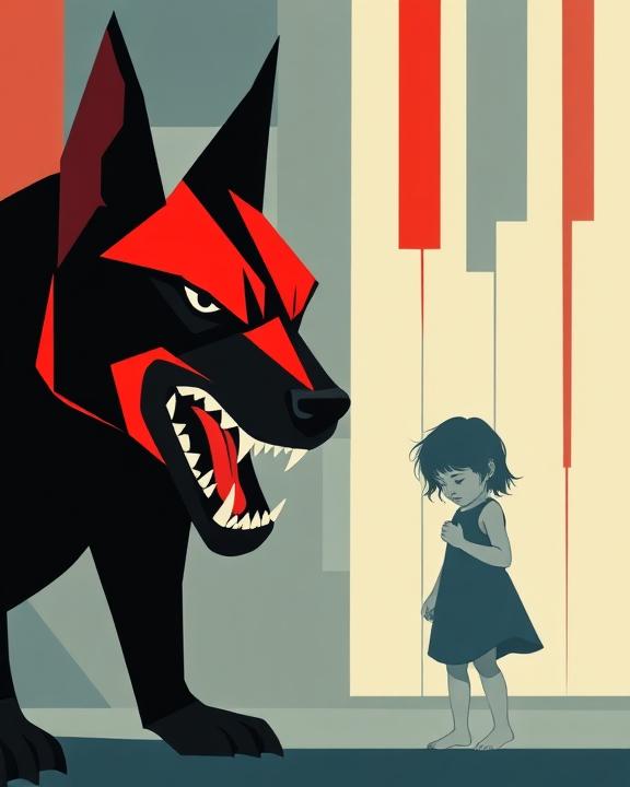 A stylized representation of an aggressive dog with a threatening expression alongside a frightened child, abstract shapes indicating an environment of abuse.