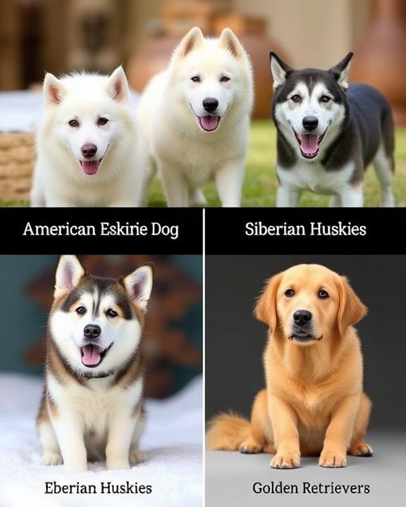 American Eskimo Dog, Siberian Huskies, and Golden Retriever puppies.