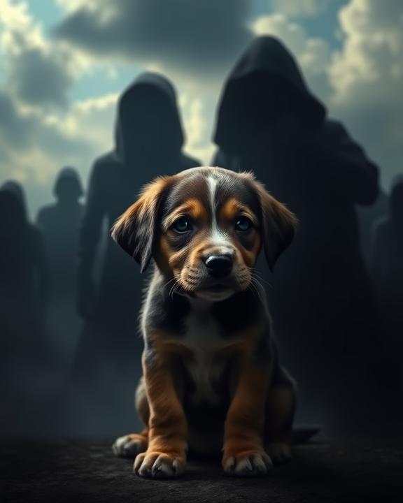A puppy with dark silhouettes in the background.