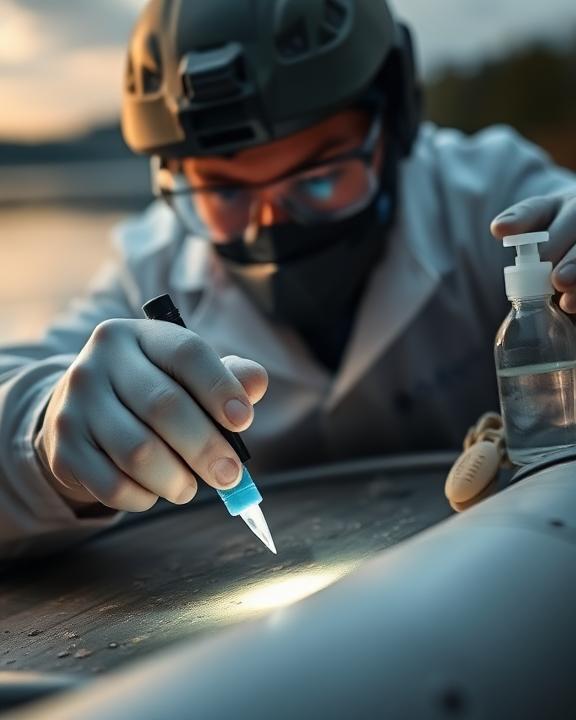 A close-up view of a forensic analysis scene, showing a scientist examining biological traces on a rubber boat's surface under a bright light with a focus on the use of luminol.
