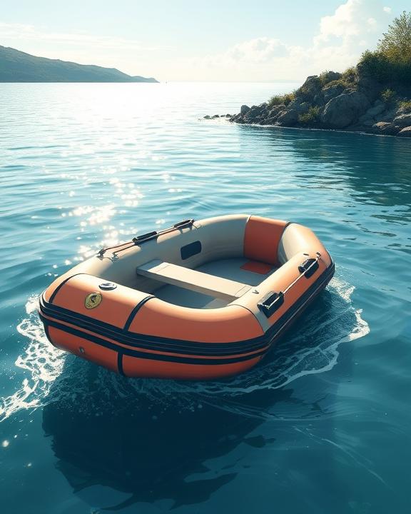 An illustration depicting a rubber boat (gommone) on a lake, emphasizing the detailed structure of the boat, while the surrounding waters shimmer under sunlight.