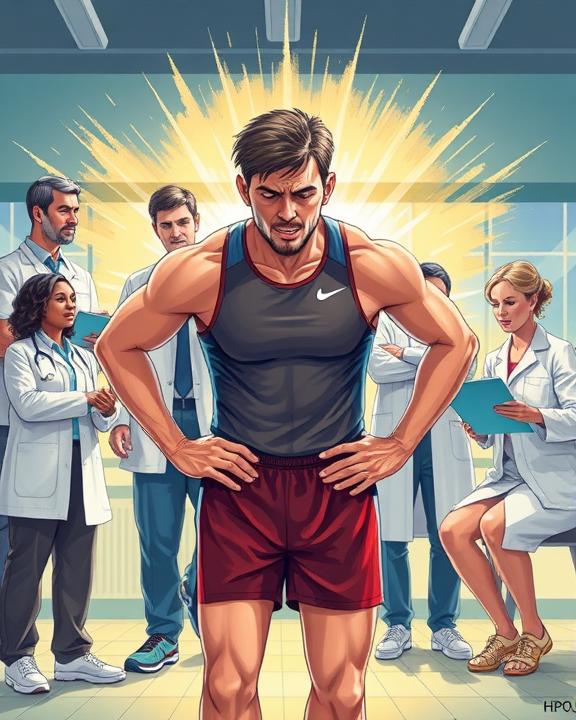 A dynamic illustration of an athlete in rehabilitation surrounded by supportive healthcare professionals in a bright environment.