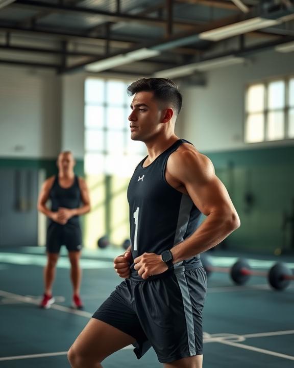 A scene of an athlete overcoming their fears during rehabilitation, training in a gym with supportive friends and counselors.