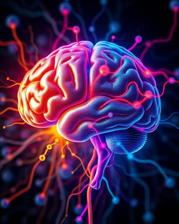 An artistic and abstract representation of the brain, highlighting neural connections and areas related to emotion and memory.