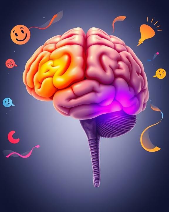 An artistic representation of human emotion and action connection, depicting two brains with vibrant colored neural pathways connecting them. One brain represents emotions, shown in warm colors like red and orange, while the other represents motor actions, shown in cooler colors like blue and green. The background is an abstract blend of colors that symbolize human experiences.