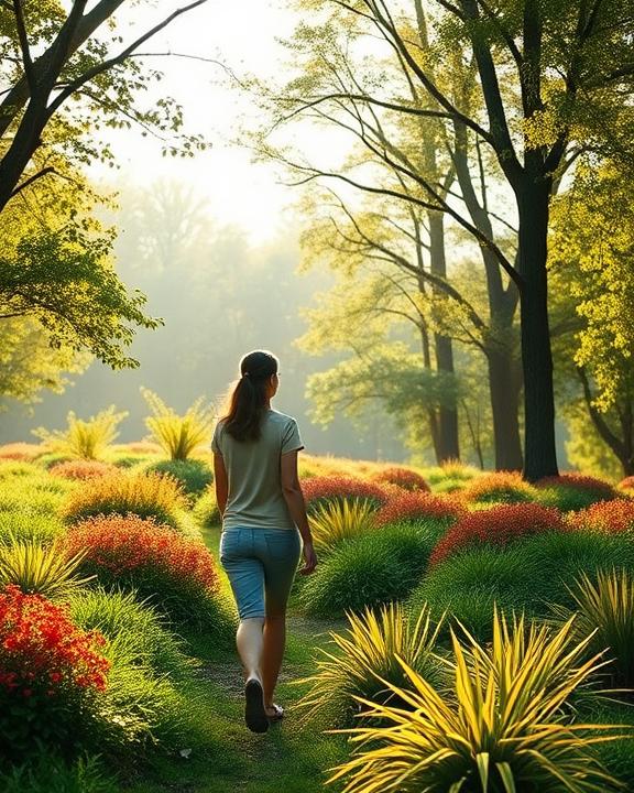 A serene landscape depicting a person walking through nature, surrounded by trees and colorful plants. The person appears relaxed and contemplative, illustrating the connection between nature and emotional well-being. Soft sunlight filters through the trees, creating a calming atmosphere. The scene conveys tranquility and a sense of peace.
