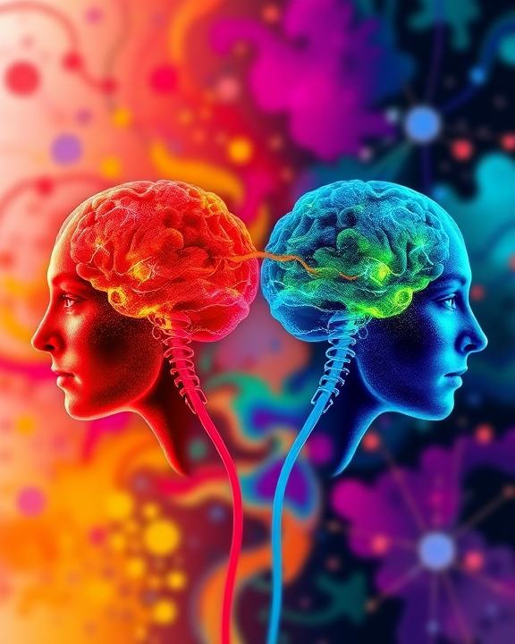 A detailed illustration of the human brain with highlighted areas showing the insula and premotor cortex in distinctive colors. The insula should be illuminated in soft orange, while the premotor cortex glows purple. Surrounding these areas are abstract representations of emotions like happiness, sadness, and anxiety, symbolized through flowing shapes and colors.