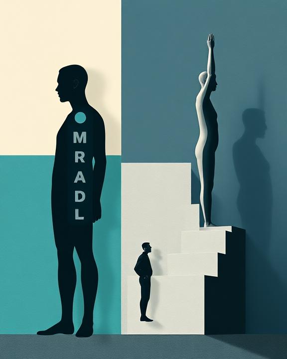 A conceptual artwork inspired by neoplasticism and constructivism, depicting a simple and unified representation of mental health; featuring a stylized human silhouette, divided vertically and horizontally to symbolize internal fragility and the spectrum of mental health; alongside a massive abstract geometric figure representing social stigma, with sharp lines and imposing volumes; and a more dynamic, ascending figure composed of open forms symbolizing psychological interventions and the hope of recovery; the color palette is cool and desaturated with blues, grays, and a touch of aqua green for progress, contrasted with darker, opaque tones for stigma, emphasizing vertical and horizontal lines in a rational and conceptual style.