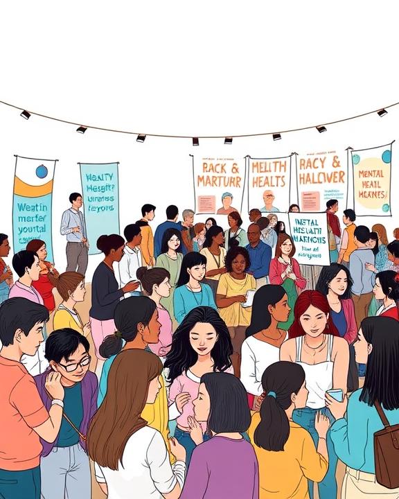 An expressive illustration showing a diverse group of people engaging in a community mental health awareness event; depicting individuals from various backgrounds sharing experiences, participating in discussions, and engaging in supportive activities; the environment is lively and colorful, filled with banners and graphics promoting mental health awareness, fostering a sense of community and understanding; the emphasis is on empathy, connection, and educational outreach.