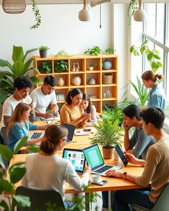 A workspace environment depicting a diverse group of individuals engaging with various digital mental health tools; showing people of different ages and backgrounds interacting with laptops, tablets, and smartphones in a warm, inviting office space; elements of nature like plants and natural light incorporated to create a positive atmosphere, symbolizing accessibility and support for mental health; the focus is on collaboration and openness, with an emphasis on technology aiding in mental well-being.
