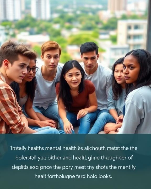 A group of diverse young people looking distressed, sitting in a circle in a modern urban setting. They seem to be engaged in a heartfelt discussion about their mental health challenges.