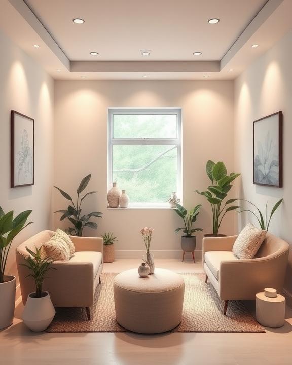 A serene and calming therapeutic space designed for mental health treatment, featuring soft lighting, comfortable seating, and soothing colors with plants and artwork.