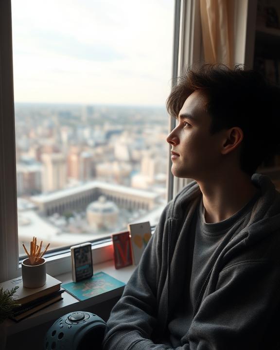 A young adult gazing thoughtfully out of a window in a cozy room, reflecting their emotions and thoughts about the future. The room is filled with personal belongings to indicate their interests, while the cityscape outside symbolizes opportunities and challenges.