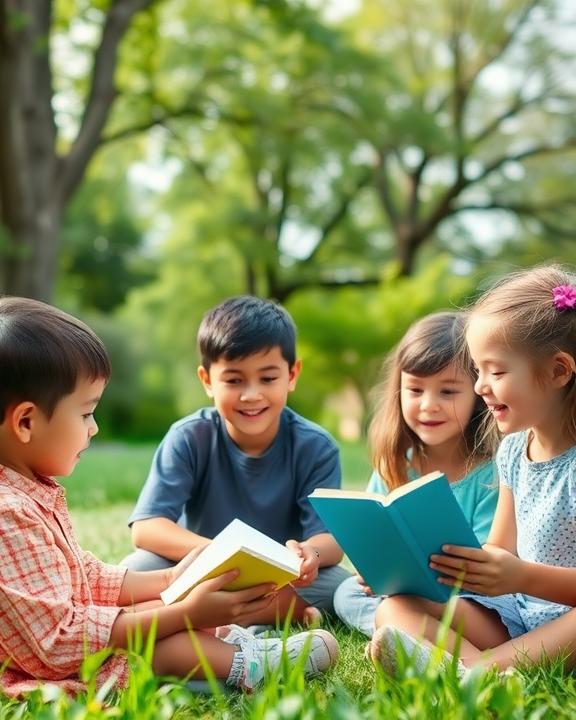 Group of diverse kids reading books together in the grass