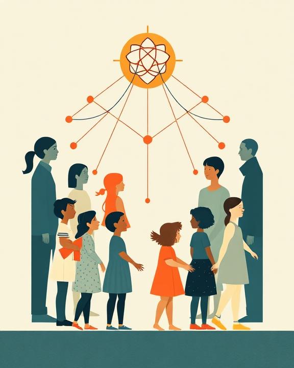 Immagine raffigurante una rete di connessioni tra persone, evidenziando il concetto di supporto e cura collettiva in ambito sociale e familiare per la salute mentale dei giovani.