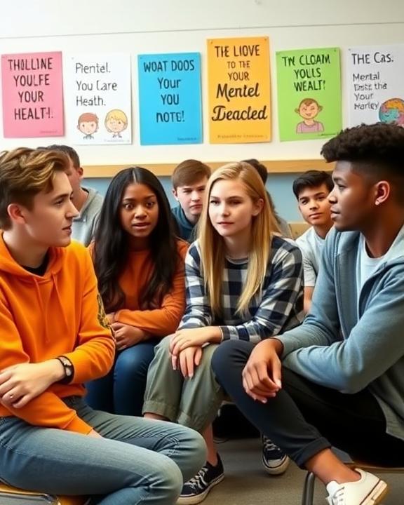 A group of diverse teenagers sitting together in a school setting, engaging in a thoughtful discussion about mental health.