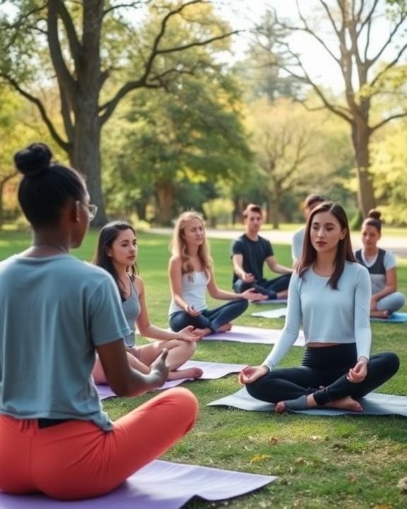 A serene outdoor scene where a diverse group of young people is involved in a calming activity, such as yoga or meditation, in a park.