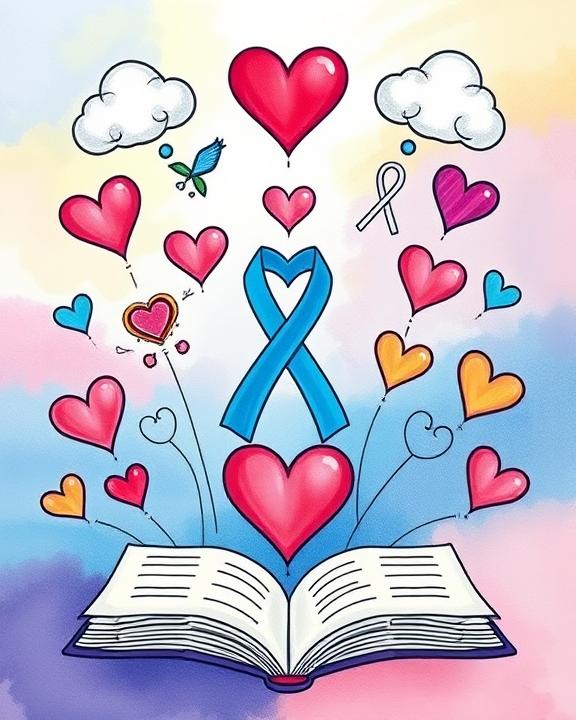 An artistic representation of mental health awareness, depicting various symbols like open books, hearts, and thought clouds.
