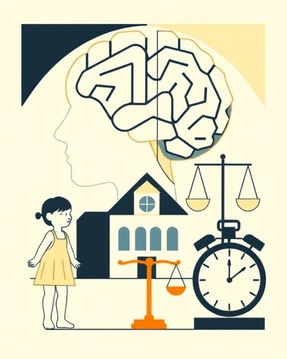 visione iconica e ispirata all'arte neoplastica e costruttivista delle entità: un bambino stilizzato che rappresenta l'infanzia, con forme geometriche pure e razionali; un cervello stilizzato e astratto, simboleggiante la neuropsichiatria, con linee verticali e orizzontali; una scuola semplificata con elementi geometrici; una bilancia stilizzata che pende, rappresentante i disturbi del comportamento alimentare; e un orologio che indica il tempo, per l'intervento precoce. Stile: neoplastico e costruttivista, forme geometriche pure, linee verticali e orizzontali dominanti, palette di colori perlopiù freddi e desaturati. Immagine semplice, unitaria e senza testo.