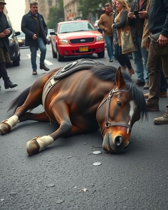 Cavallo ferito trascinato sull'asfalto