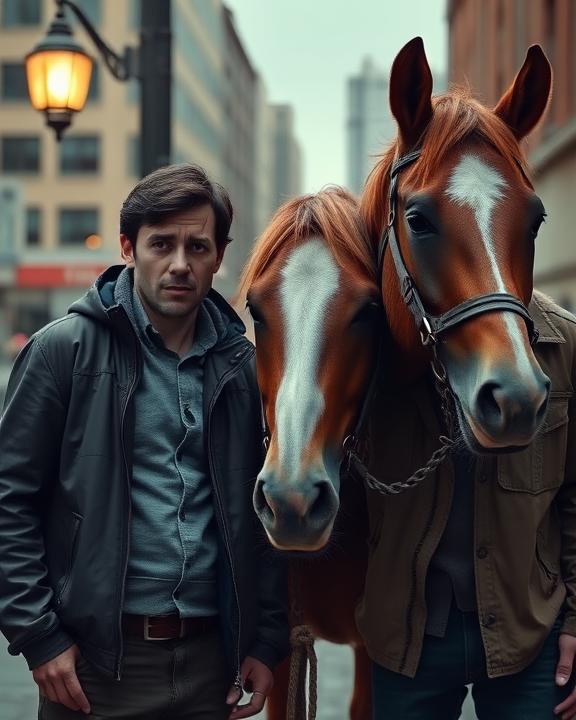 Scene of two individuals with a horse tied to a street light