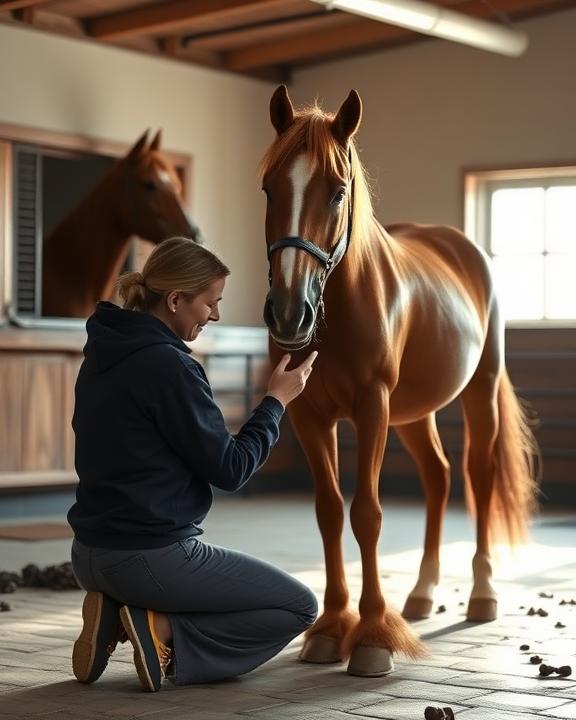 A caring person kneeling beside a horse in rehabilitation