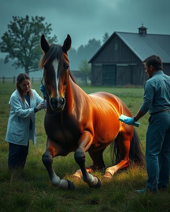 A horse being examined by veterinarians.
