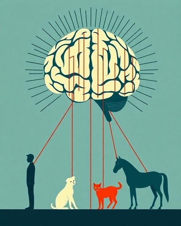 Brain with strings controlling animals and a person