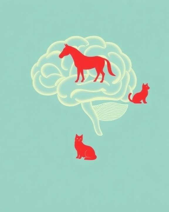 An abstract illustration of a human brain with a horse and a cat in red on top of it, symbolizing the link between animal abuse and human psychology.
