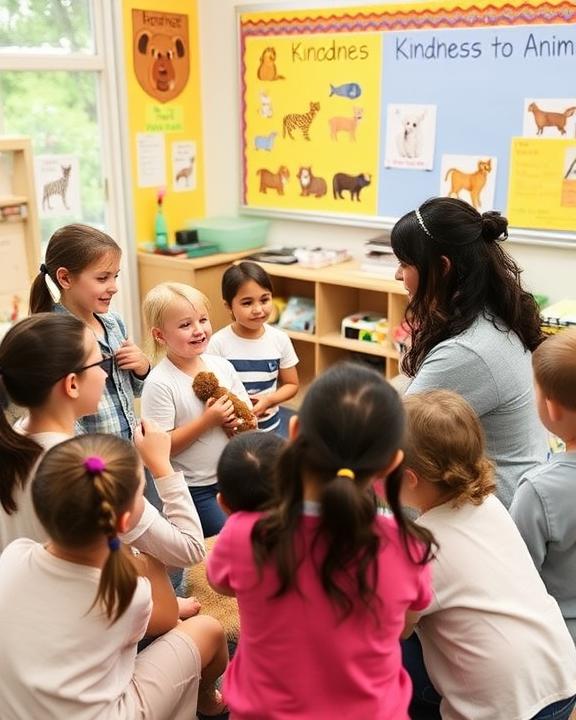 A group of smiling children in a classroom, gathered around a teacher who is reading to them from a book. A 'Kindness to Animals' chart is visible in the background.