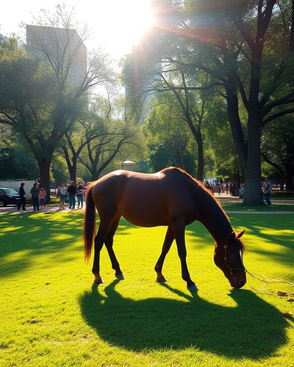 A beautiful horse grazing in a park, with the sun shining through the trees, creating a peaceful scene.