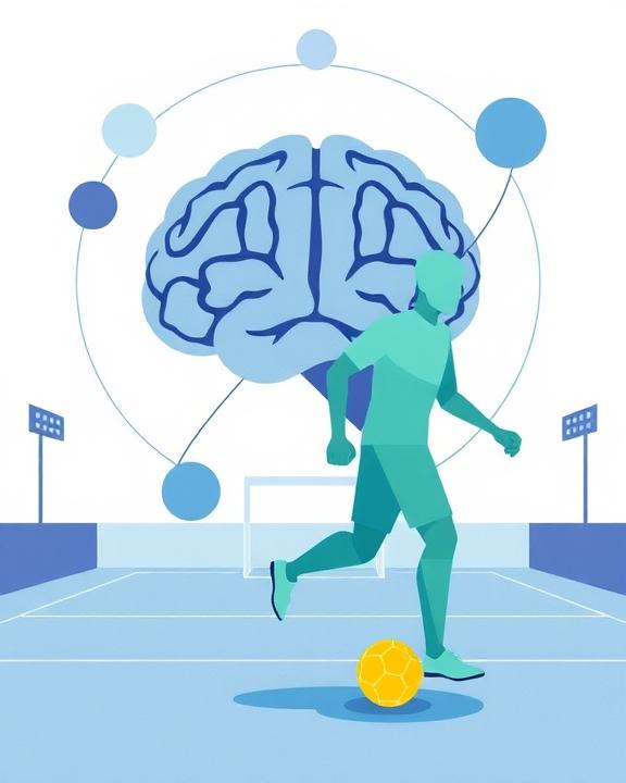 Immagine di un calciatore con un cervello stilizzato sullo sfondo a rappresentare la salute mentale nello sport.