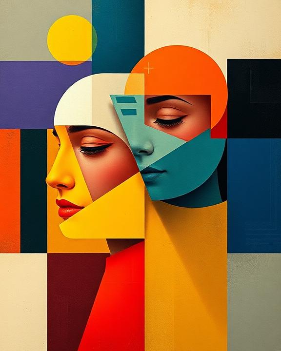Un'immagine iconica e ispirata all'arte neoplastica e costruttivista.